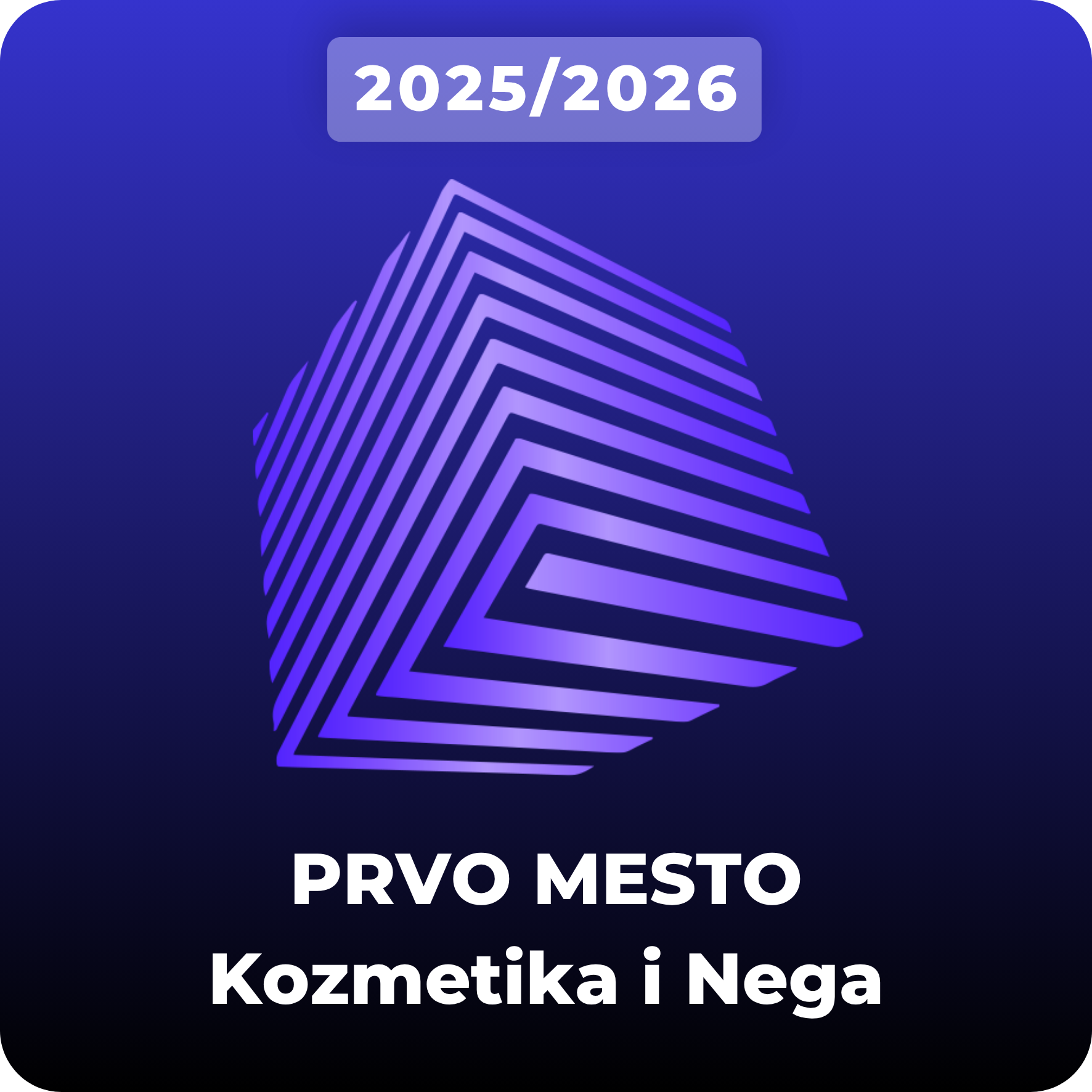 Ljubičasta kocka ispod koje stoji tekst PRVO MESTO Kozmetika i Nega na plavoj pozadini