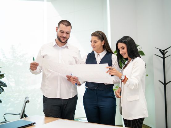 Koleginice i kolega čitaju nacrt dm prodavnice