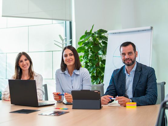 Koleginice i kolega sede u sali za sastanke